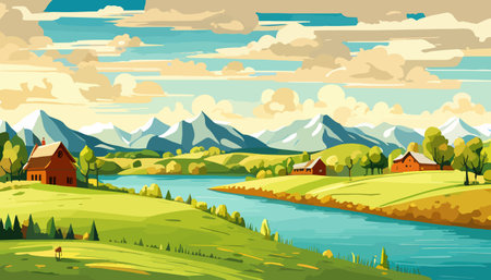 Vector illustration of a house in a rural area surrounded by panoramic meadows, mountains, and idyllic countryside.のイラスト素材