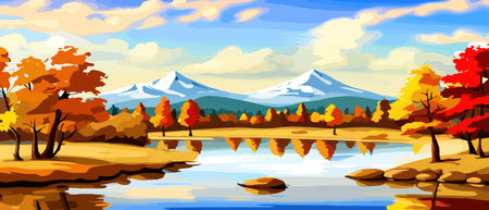 Autumn landscape with trees, mountains, fields, leaves. Rural landscape. Autumn background. Vector illustrationのイラスト素材