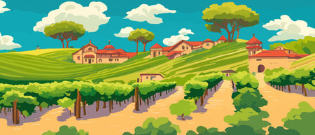 Rural landscape with a beautiful view of distant fields and hills vector illustration.のイラスト素材