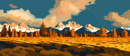 Vector autumn horizontal landscape with fog, forest, spruce, fir and morning sunlight. Autumn season Silhouette, fogのイラスト素材