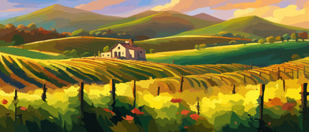 Rural landscape with a beautiful view of distant fields and hills vector illustration.のイラスト素材