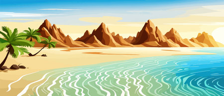 Top view of the summer sea beach. Top view of the ocean beach with soft waves. Beautiful background with shellsのイラスト素材