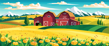 Landscape of green fields of farmland, barns and farms, rural houses. Vector grassland with buildings, green grassのイラスト素材