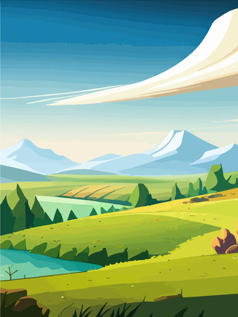 View of a green meadow on the hills with blue sky, vector cartoon spring or summer landscape, panoramic rural mountainのイラスト素材