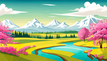 Nature and landscape. Vector illustration of trees, forest, mountains, flowers, plants, field. Picture for backgroundのイラスト素材