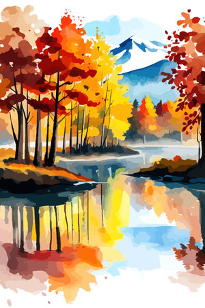 Watercolor landscape. Autumn forest on the lake shore vector illustration autumnal trees on the shore of calm forestのイラスト素材