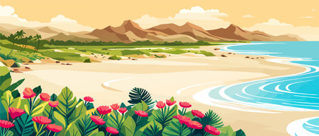 Top view of the summer sea beach. Top view of the ocean beach with soft waves. Beautiful background with shellsのイラスト素材