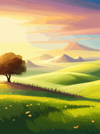 View of a green meadow on the hills with blue sky, vector cartoon spring or summer landscape, panoramic rural mountainのイラスト素材