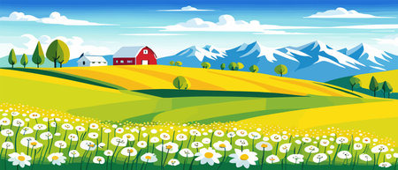 Landscape of green fields of farmland, barns and farms, rural houses. Vector grassland with buildings, green grassのイラスト素材