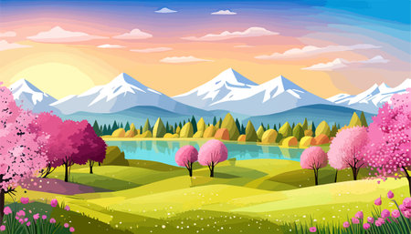 Nature and landscape. Vector illustration of trees, forest, mountains, flowers, plants, field. Picture for backgroundのイラスト素材