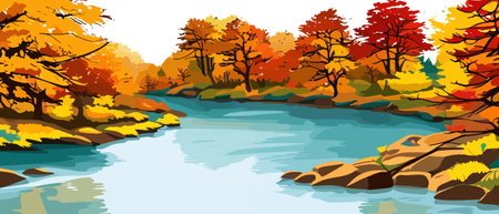 Autumn landscape with trees, mountains, fields, leaves. Rural landscape. Autumn background. Vector illustrationのイラスト素材