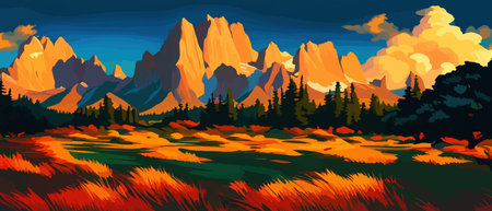 Vector autumn horizontal landscape with fog, forest, spruce, fir and morning sunlight. Autumn season Silhouette, fogのイラスト素材