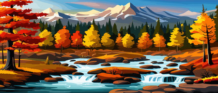 Autumn landscape with trees, mountains, fields, leaves. Rural landscape. Autumn background. Vector illustrationのイラスト素材