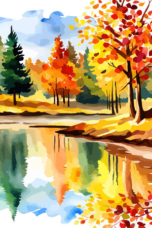 Watercolor landscape. Autumn forest on the lake shore vector illustration autumnal trees on the shore of calm forestのイラスト素材