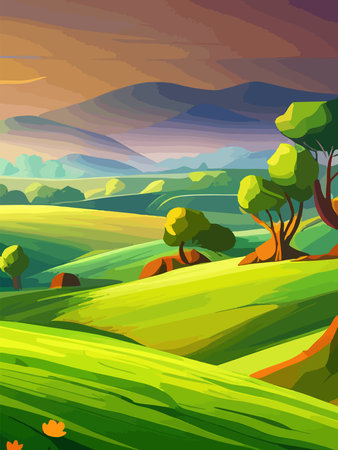 View of a green meadow on the hills with blue sky, vector cartoon spring or summer landscape, panoramic rural mountainのイラスト素材