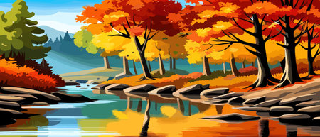 Autumn landscape with trees, mountains, fields, leaves. Rural landscape. Autumn background. Vector illustrationのイラスト素材