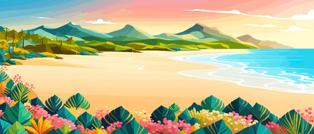 Top view of the summer sea beach. Top view of the ocean beach with soft waves. Beautiful background with shellsのイラスト素材