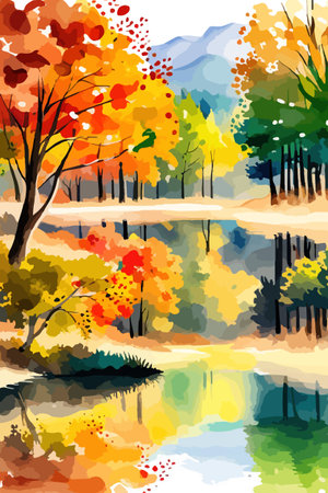 Watercolor landscape. Autumn forest on the lake shore vector illustration autumnal trees on the shore of calm forestのイラスト素材