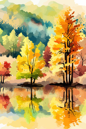 Watercolor landscape. Autumn forest on the lake shore vector illustration autumnal trees on the shore of calm forestのイラスト素材
