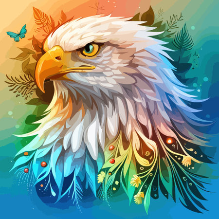 Stunning illustration of an eagle with a floral ornament. Multicolored surreal elements. close-up vector illustration.のイラスト素材