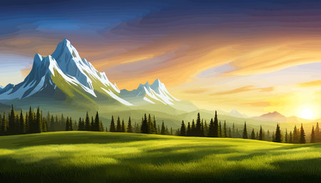 Landscape of mountains and green hills. Summer nature landscape with rocks, forest, grass, sun, sky and clouds.のイラスト素材