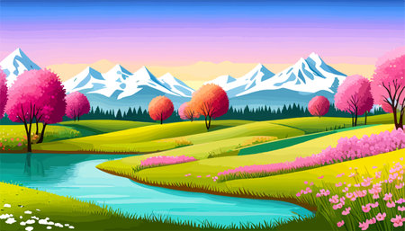Nature and landscape. Vector illustration of trees, forest, mountains, flowers, plants, field. Picture for backgroundのイラスト素材