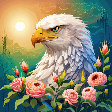 Stunning illustration of an eagle with a floral ornament. Multicolored surreal elements. close-up vector illustration.のイラスト素材