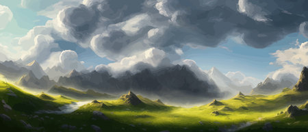 Flat natural view of green plants, flowers and mountains. Spring landscape. Spring landscape in green field colorfulのイラスト素材