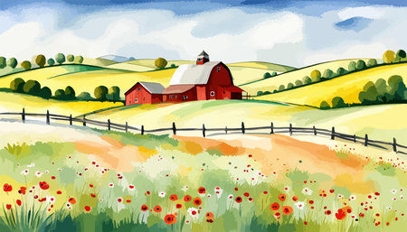 Farm scene with red barn dirt road and farm with red barn wildflowers, spring landscape. Vector illustration Farmのイラスト素材