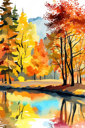 Watercolor landscape. Autumn forest on the lake shore vector illustration autumnal trees on the shore of calm forestのイラスト素材