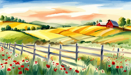 Farm scene with red barn dirt road and farm with red barn wildflowers, spring landscape. Vector illustration Farmのイラスト素材