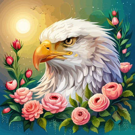Stunning illustration of an eagle with a floral ornament. Multicolored surreal elements. close-up vector illustration.のイラスト素材