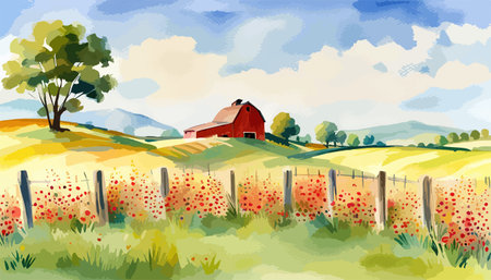 Farm scene with red barn dirt road and farm with red barn wildflowers, spring landscape. Vector illustration Farmのイラスト素材