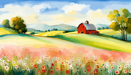 Farm scene with red barn dirt road and farm with red barn wildflowers, spring landscape. Vector illustration Farmのイラスト素材