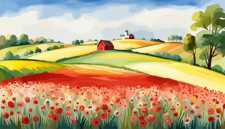 Farm scene with red barn dirt road and farm with red barn wildflowers, spring landscape. Vector illustration Farmのイラスト素材