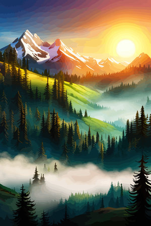Landscape of mountains and green hills. Summer nature landscape with rocks, forest, grass, sun, sky and clouds.のイラスト素材