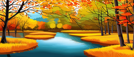 Autumn landscape with trees, mountains, fields, leaves. Rural landscape. Autumn background. Vector illustrationのイラスト素材