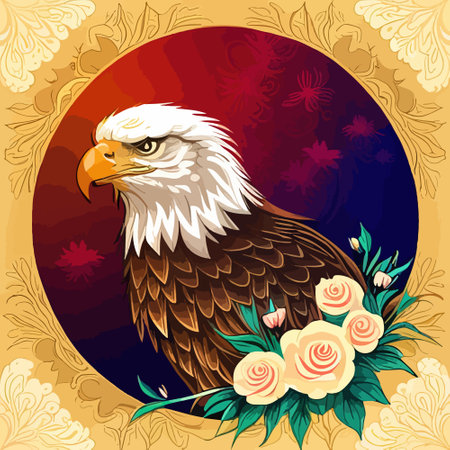 Stunning illustration of an eagle with a floral ornament. Multicolored surreal elements. close-up vector illustration.のイラスト素材