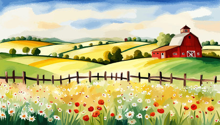 Farm scene with red barn dirt road and farm with red barn wildflowers, spring landscape. Vector illustration Farmのイラスト素材