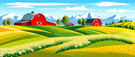 Landscape of green fields of farmland, barns and farms, rural houses. Vector grassland with buildings, green grassのイラスト素材