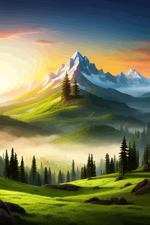 Landscape of mountains and green hills. Summer nature landscape with rocks, forest, grass, sun, sky and clouds.のイラスト素材