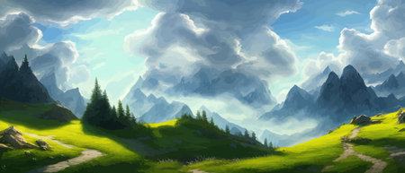 Flat natural view of green plants, flowers and mountains. Spring landscape. Spring landscape in green field colorfulのイラスト素材