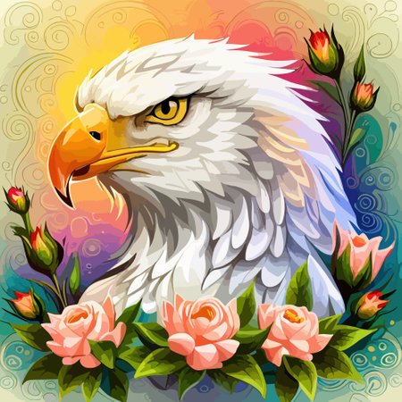 Stunning illustration of an eagle with a floral ornament. Multicolored surreal elements. close-up vector illustration.のイラスト素材