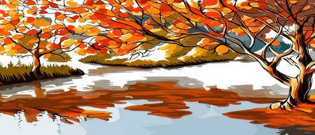 Autumn landscape with trees, mountains, fields, leaves. Rural landscape. Autumn background. Vector illustrationのイラスト素材