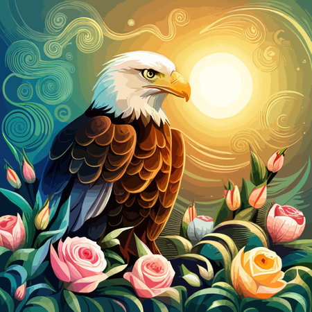 Stunning illustration of an eagle with a floral ornament. Multicolored surreal elements. close-up vector illustration.のイラスト素材