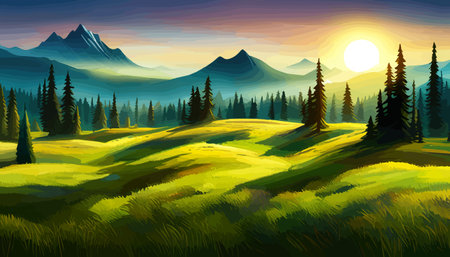 Landscape of mountains and green hills. Summer nature landscape with rocks, forest, grass, sun, sky and clouds.のイラスト素材