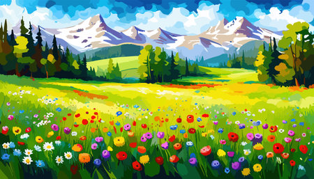 Oil painting wild flowers, cornflower, chamomile fields.のイラスト素材