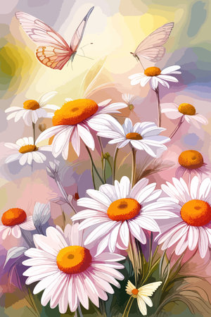 Field spring wildflowers chamomile close-up with flying butterflies, illuminated in the morning, vector illustrationのイラスト素材