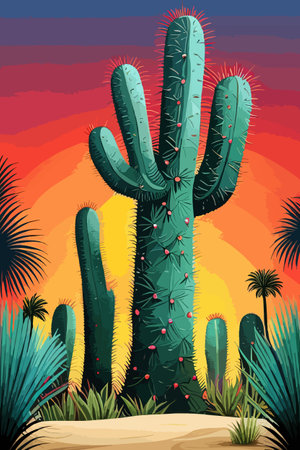 Cactus garden with a variety of succulents, cacti and other desert plants, with a blooming desert roseのイラスト素材
