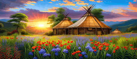 Beautiful enchanted landscape. Fantasy garden background. Magic meadow with spring blooming trees. Round frameのイラスト素材